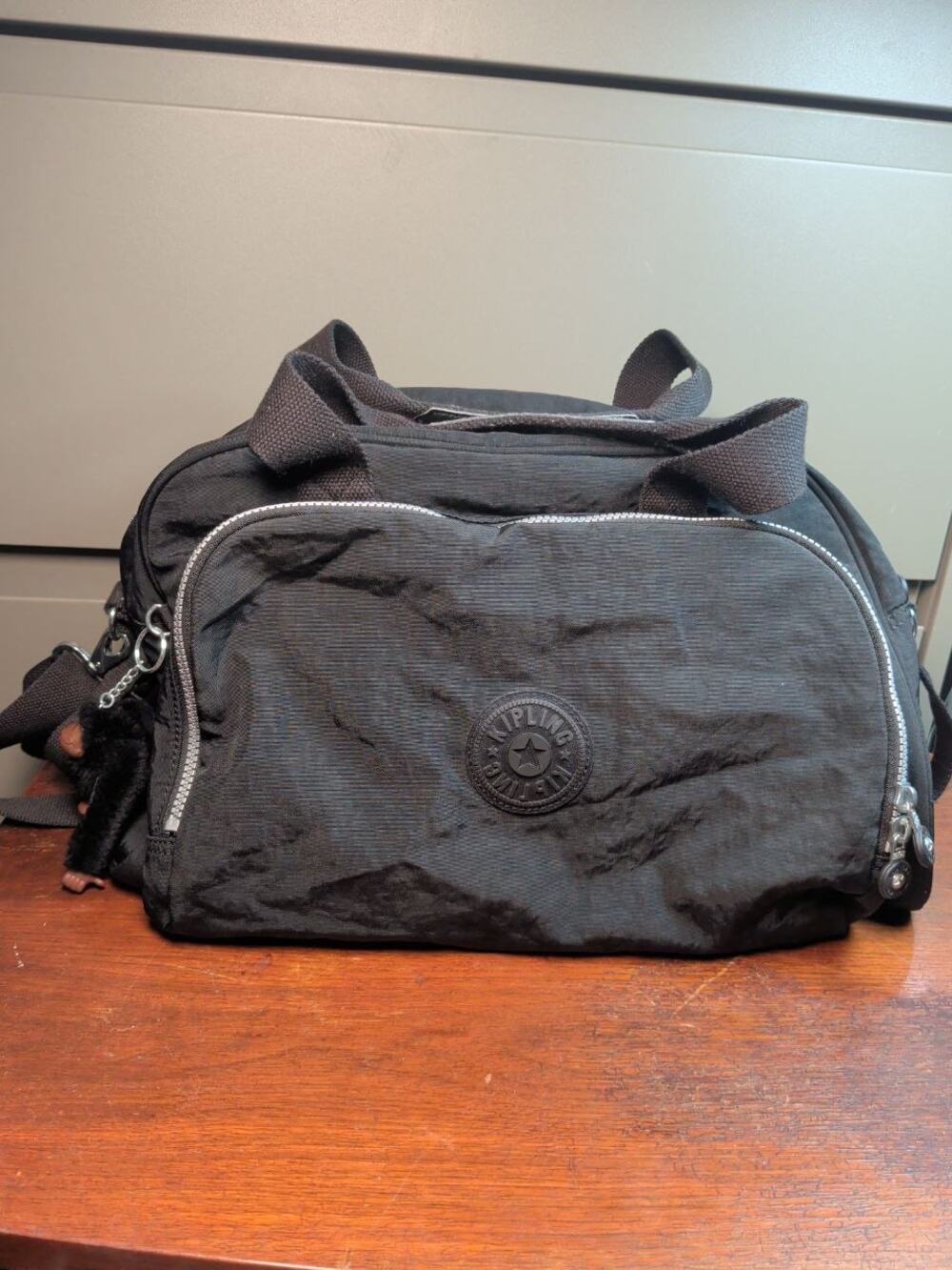 Kipling Black Nylon Duffel Weekender Travel Bag Shoulder Tote w/ Monkey Keychain